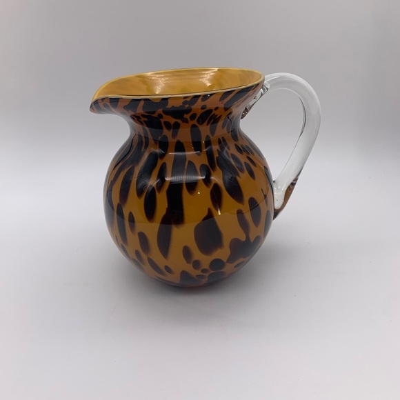 Gold & Spotted Black Hand Blown Glass Pitcher With Crystal Handle 7” - Picture 2 of 16